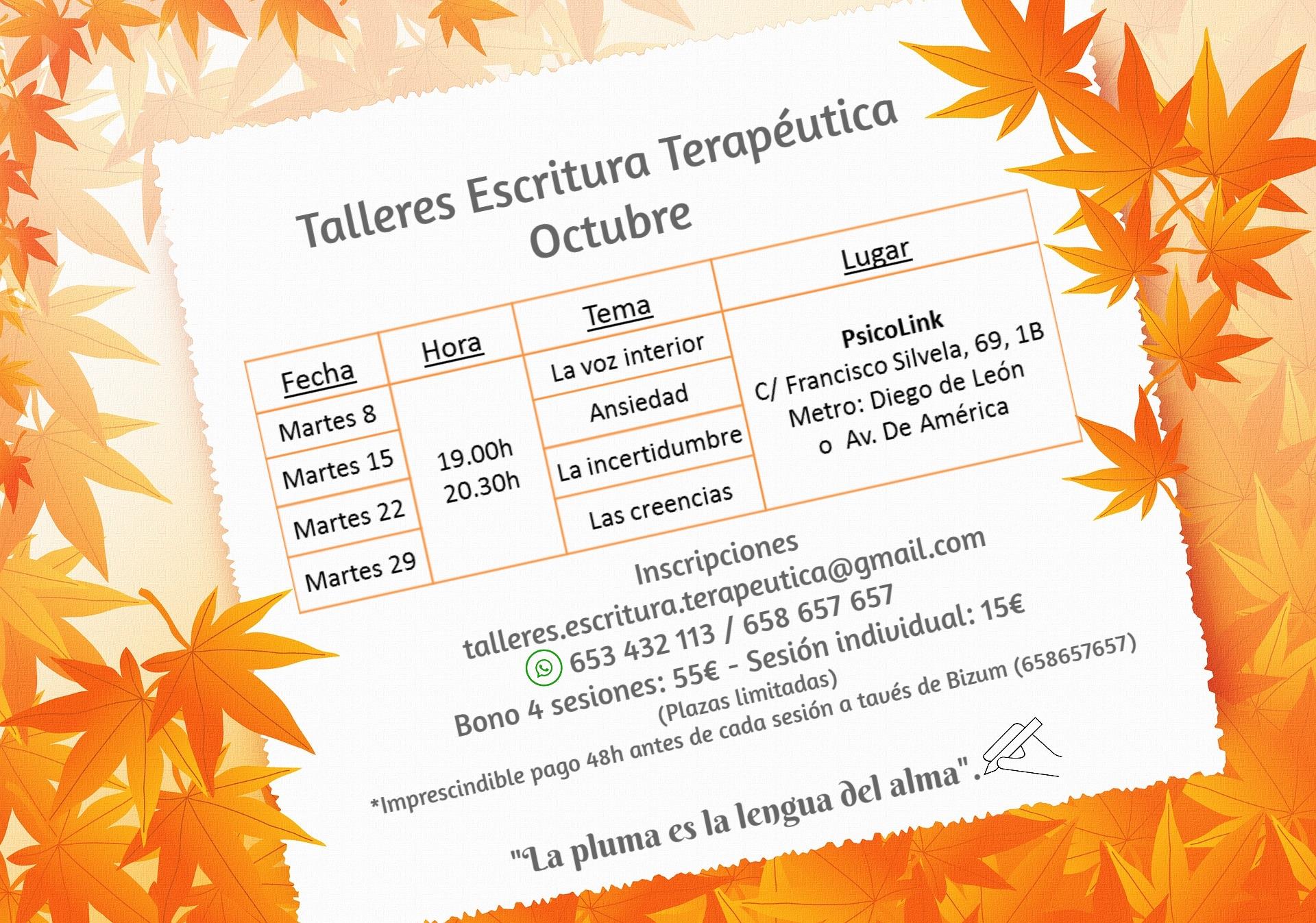 Talleres Escritura Terapéutica Octubre